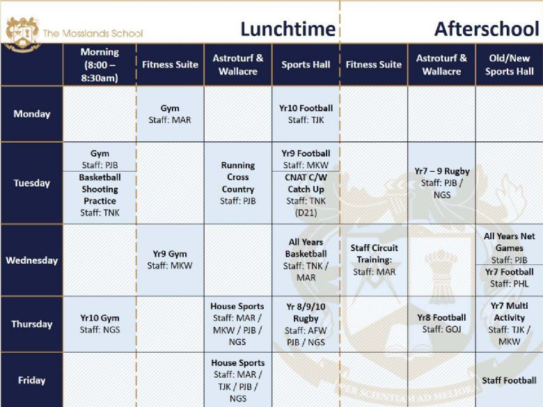 The Mosslands School Extra Curricular Timetable